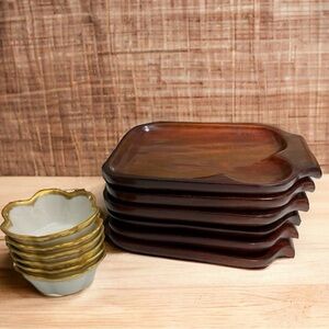 Vintage Denny Francis 1978 Wood Snack Trays w/ Porcelain Dishes | Set of 6